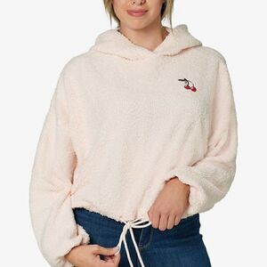 NWT! Polly & Esther Pink Juniors' Drawstring Hem Faux Sherpa Hoodie w Cherries L